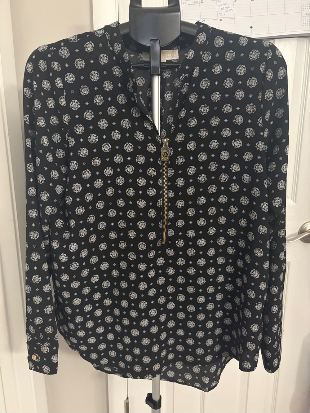 Michael Kors Black and White Floral Zip-Front Button-Down Blouse